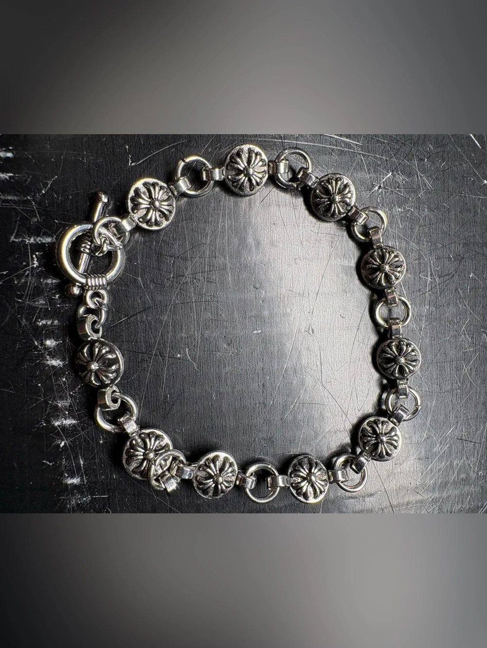 Sterling Silver Floral Link Bracelet - Silver Chrome Bracelet Style